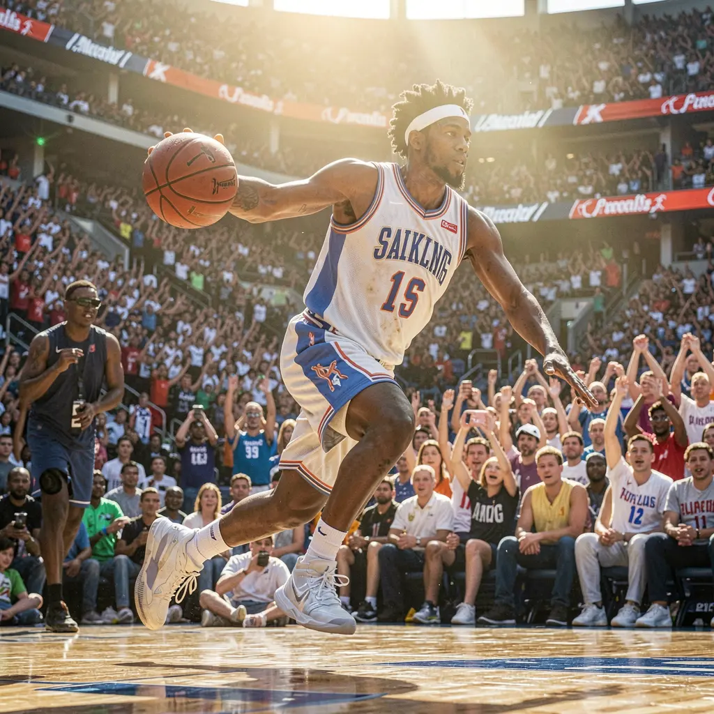 Intense basketball moment with a top player driving to the basket in a crowded arena capturing the thrill of live basketball betting on JILIBB2