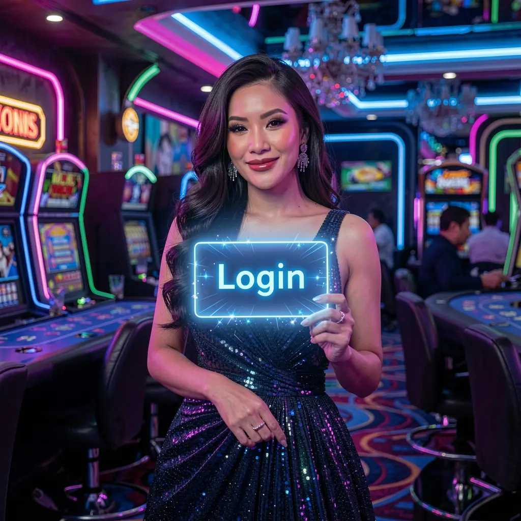 Stylish Filipino woman in a vibrant casino scene holding a glowing login card representing secure access to JILIBB2 in the Philippines